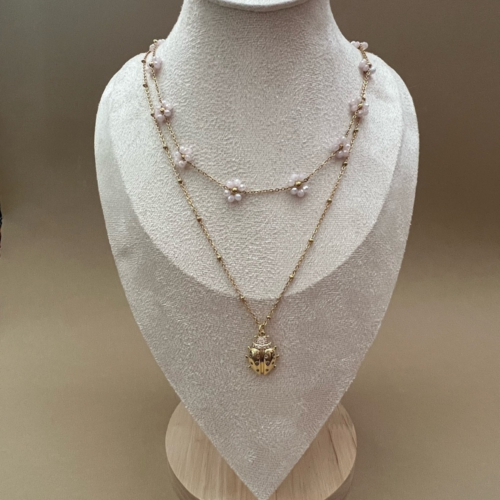 Gold Ladybug Necklace: Whimsical Layered Insect Pendant